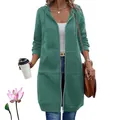 Women's long-line green hooded zip-up jacket with a casual vintage style and functional pockets - Emerald Green