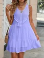 Abito da vacanza lavanda senza maniche con pizzo, nappe e orlo a balze elegante. - Taglia S / Vestiti / Viola