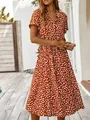 Chic rust-red polka dot midi dress featuring shirt collar and adjustable waist tie - S / Dresses / Brick Red