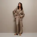 Elegant champagne silk-like pajama set for women featuring long sleeve shirt and wide pants. - S / Top And Bottom / Brown