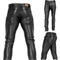 Detailed views of black punk style slim-fit men's leather pants from multiple angles - S / Bottoms / Black