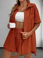 Women's 2-piece burnt orange casual set with short sleeve shirt and matching shorts - Orange Red