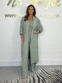 Elegant sage green two-piece outfit featuring a wide-leg jumpsuit and matching long cardigan - Olive Green