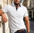 Men's premium white short sleeve polo shirt with black contrast collar and chest pocket - S / Top (24001) / White