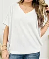 Casual women's white V-neck ribbed knit short sleeve loose fit summer t-shirt top - White