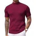 Detail view showing the rib-knit texture of a men's burgundy mock neck short sleeve shirt - S / Tops / Burgundy