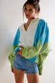 Relaxed fit American style color-block fleece pullover for women in blue and green - S / Tops / Blue and Green Patchwork