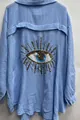 Camicia da donna in mussola azzurra con ricamo a paillettes Occhio di Allah sulla schiena. - Taglia S / Top / Azzurro