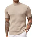 Detailed view of a premium beige ribbed knit mock neck short sleeve shirt for men - S / Tops / Apricot