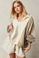 Oversized American style color-block fleece sweatshirt and casual shorts for women - S / Tops / Khaki Color Block