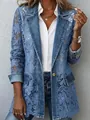 Close-up of blue floral lace denim blazer with single button and hollow out detail. - S / Tops / Denim Blue