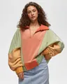 Oversized color-block fleece sweatshirt featuring vintage drop shoulder and V-neckline - S / Tops / Orange Green Yellow Patchwork