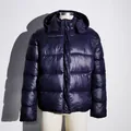 Veste matelassée bleu marine brillante à capuche pour femme, style décontracté - S / Hauts / Nouvelle Version Bleu Profond
