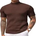 Men's brown ribbed short sleeve mock neck knit shirt with slim fit design - S / Tops / Tan