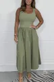 Elegant sage green sleeveless midi dress featuring a ribbed top and a pleated skirt - 3XL / Dresses / Matcha Green