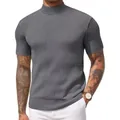 Premium men's slim fit mock neck short sleeve ribbed knit sweater in stylish dark grey color - S / Tops / Gray