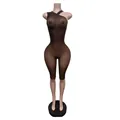 Front view of a brown oblique shoulder glossy tight bodysuit jumpsuit on a mannequin - M / Jumpsuits / Coffee
