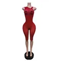One-shoulder shiny red compression jumpsuit for yoga and fitness training session - M / Jumpsuits / Red