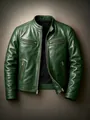 Men's slim fit green leather motorcycle jacket with zipper pockets and stand collar - 3XL / Tops / Green