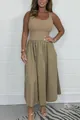 Sleeveless khaki midi dress with ribbed bodice and flared skirt for summer. - S / Dresses / Coffee