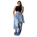 Detailed view of fashionable distressed denim apron jeans with unique layered design - S / Bottoms / Light Blue