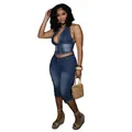 Fashionable two-piece stretch denim halter top and cropped pants set for women's stylish wear - S / Top And Bottom / Sky Blue