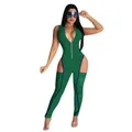 Green sleeveless slim fit jumpsuit featuring front zipper and bold hip cut-out details - S / Top And Bottom / Gold Green