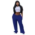 Detailed view of women's blue high-waist wide-leg leisure pants with drawstring closure - S / Bottoms / Blue