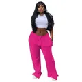 Plus size pink casual wide-leg trousers with elastic drawstring waist - S / Bottoms / Rose Red