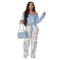 Conjunto de dos piezas de mezclilla desgastada con chaqueta sin hombros y jeans rotos - Azul claro