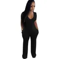 Tuta casual nera con scollo a V profondo e maniche corte a gamba larga da donna - Taglia S / Top E Pantaloni / Nero