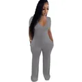 Tuta grigia casual da donna con gamba larga, scollo a V profondo e maniche corte - Taglia S / Top E Pantaloni / Grigio