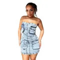 Close-up shot of a model wearing a strapless slim fit denim mini dress with 3D pockets - S / Light Blue