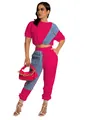 Chic hot pink two-piece set with denim patchwork crop top and matching sweatpants - S / Top And Bottom / Rose Red