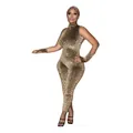 Leopard print sleeveless bodycon jumpsuit with matching gloves and stretch fabric - S / Set / Dark Brown