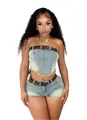 Sexy vintage light blue stretch denim tube top and mini shorts set with brown belts - L / Top And Bottom / Light Blue