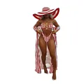 Red and white striped 3-piece bikini set with matching long cover-up and sun hat - S / Set / Red