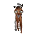 Full view of black and white striped 3-piece bikini set with matching long cover-up - S / Set / Black and White