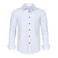 Frontal detail of a men's white four-way stretch wrinkle-resistant shirt with black buttons. - 3XL / Tops / White