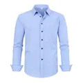 Front view of men's light blue stretch wrinkle-free dress shirt with black buttons - 3XL / Tops / Sky Blue