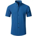 Men's blue short-sleeve stretch shirt with non-iron fabric for summer business casual - Dark Blue