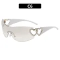 Trendy Y2K rimless sunglasses with hollow heart detail in white finish, color C6 - White Frame Light Silver Mirror Lens