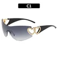 Trendy Y2K rimless sunglasses featuring gold heart hinges and grey gradient lenses - Black Frame Gold Heart Double Gray Lens