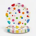 Close-up of disposable paper plates with colorful polka dot design for birthday parties - 7 Inch Plate / 16 Pieces Pack