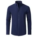 Men's navy blue 4-way stretch wrinkle-resistant long-sleeve business casual shirt - Navy Blue
