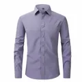 Detailed view of lavender men's business shirt with non-iron stretch fabric texture - Gray