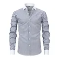 Elegant men's blue and white striped long sleeve shirt featuring a white Windsor collar - S / Tops / Blue White Vertical Stripe