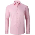 Professional front view of a pink long-sleeved men's business shirt with stretch fabric. - Pink