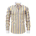 Men's yellow and navy vertical striped shirt with white Windsor collar and cuffs - S / Tops / Yellow and Blue Vertical Stripes