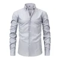 Men's vertical striped long sleeve button-down shirt in grey and white - M / Tops / Gray and White Stripes (YX-07)